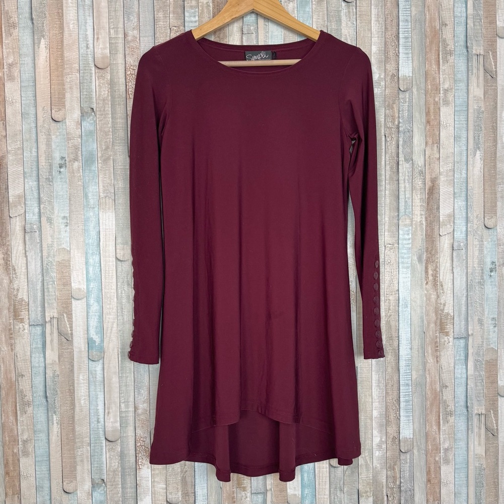 Sympli 6 Wine Nudiva Tunic Top Dress Jersey Stretch Knit Button Sleeve Lagenlook
